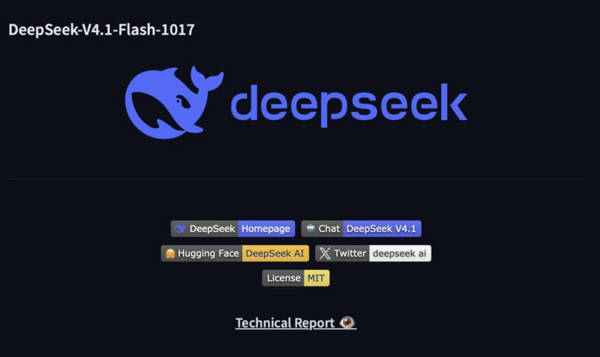 DeepSeek V4.1 Flash軟件界面，展示多個功能模塊和技術報告.