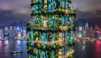 香港海港夜景中的綠色自給塔樓，外牆布滿綠植與水晶般燈光，背景是城市天際線.