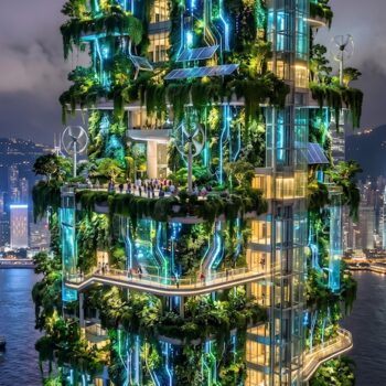 香港海港夜景中的綠色自給塔樓，外牆布滿綠植與水晶般燈光，背景是城市天際線.
