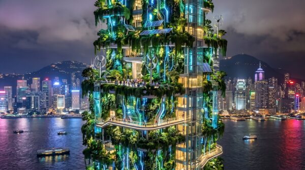 綠色未來建築高塔夜景 香港海港夜景中的綠色自給塔樓,外牆布滿綠植與水晶般燈光,背景是城市天際線.