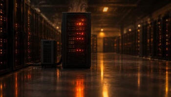 資料中心伺服器機櫃與冷卻風扇在走道中.
