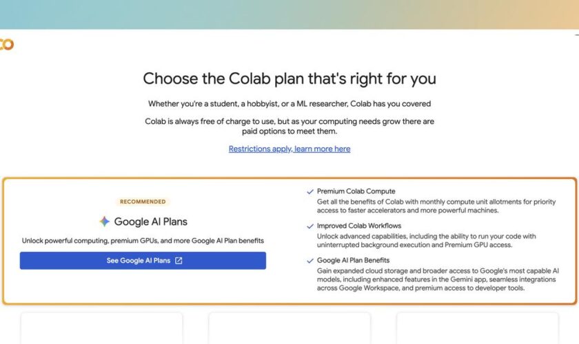 Google AI Pro Colab GPU 訂閱方案，提供 A100 80GB 和多個運算單元選項.