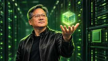 科技領袖在伺服器機櫃間握住發光方塊，象徵雲端與數據中心的創新控制與AI應用.