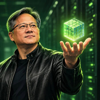 科技領袖在伺服器機櫃間握住發光方塊，象徵雲端與數據中心的創新控制與AI應用.