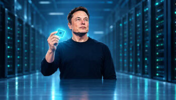 Elon Musk-like figure holds a glowing microchip in a server room.