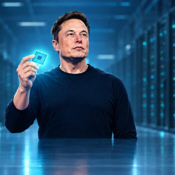 Elon Musk-like figure holds a glowing microchip in a server room.